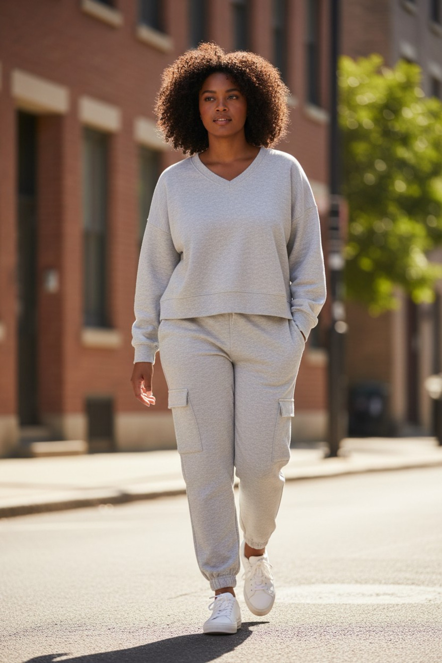 Express Two Piece Relaxed V-Neck Sweatshirt and Cargo Sweatpants Set Size: L